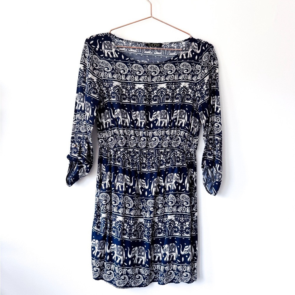 Navy Blue Elephant Print Tunic Mini Dress 100% Rayon